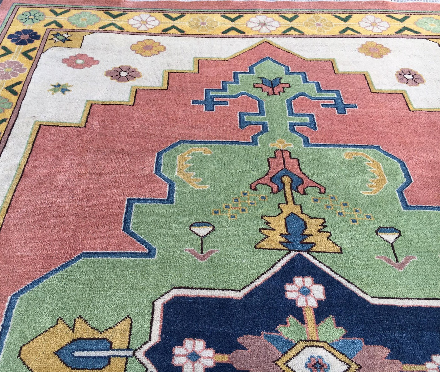 Premium Hand-Knotted Oushak Wool Rug - Vibrant Teal Blue & Terracotta Turkish Style Carpet - Custom Size Area Rug for Living Room, Bedroom & Dining Space