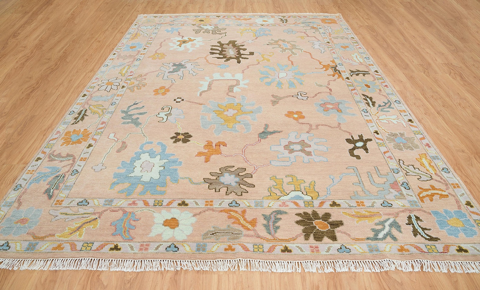Premium Hand-Knotted Oushak Wool Rug - Muted Blush Pink & Apricot Peach Turkish Carpet - Custom Size Area Rug for Living Room, Bedroom & Nursery