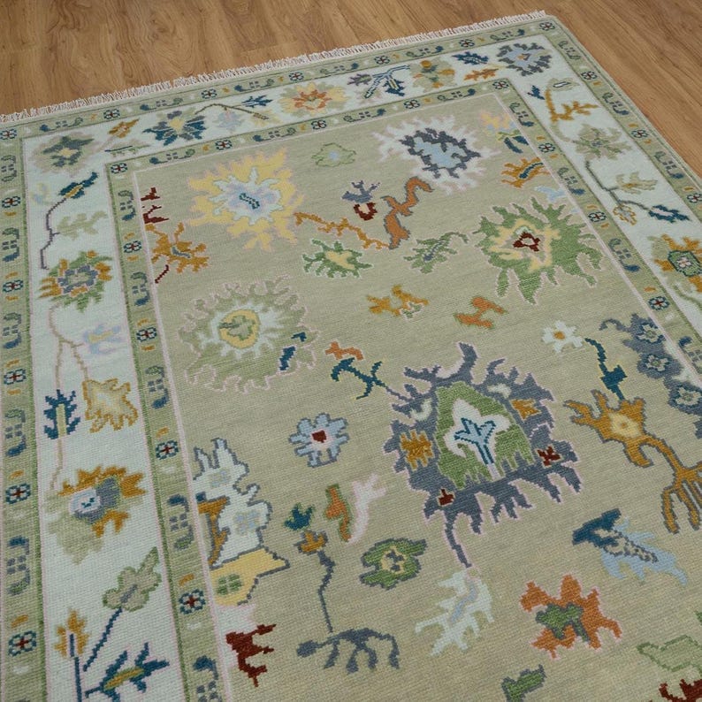 Premium Hand-Knotted Oushak Wool Rug - Muted Sage Green & Pale Yellow Pastel Turkish Carpet - Custom Size Area Rug for Living Room, Bedroom & Nursery
