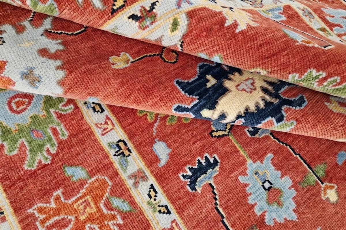 Premium Hand-Knotted Oushak Wool Rug - Terracotta Rust Orange Multi Floral Carpet