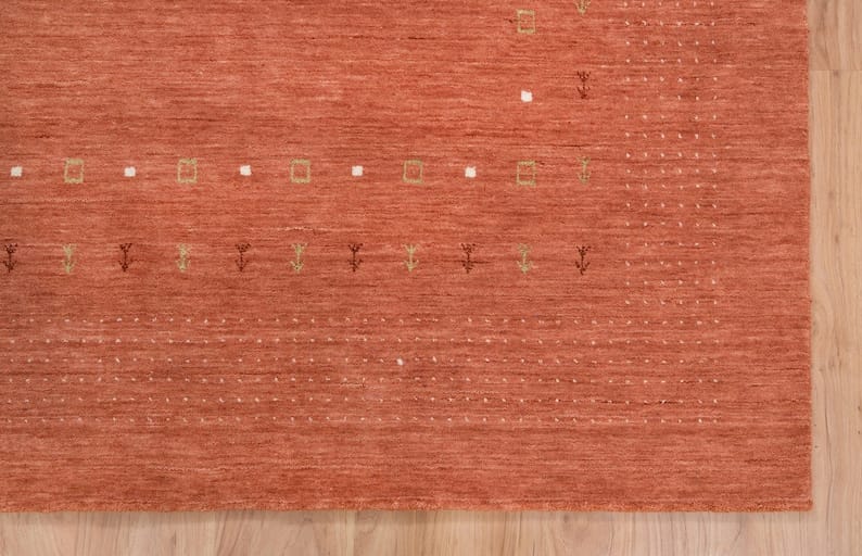 Premium Hand-Knotted Gabbeh Wool Rug - Minimalist Rust Orange Turkish Carpet