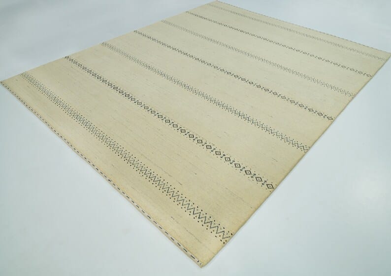 Premium Hand-Knotted Gabbeh Wool Rug - Minimalist Cream Ivory Striped Carpet
