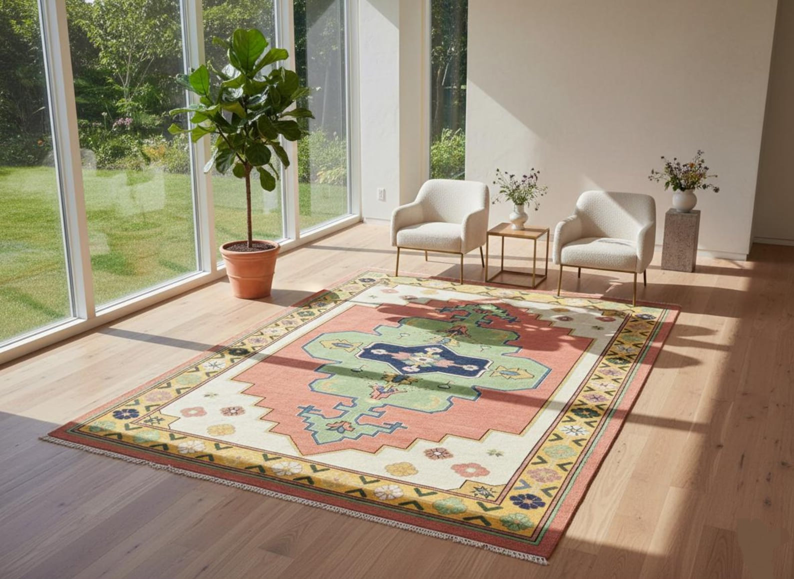 Premium Hand-Knotted Oushak Wool Rug - Vibrant Teal Blue & Terracotta Turkish Style Carpet - Custom Size Area Rug for Living Room, Bedroom & Dining Space