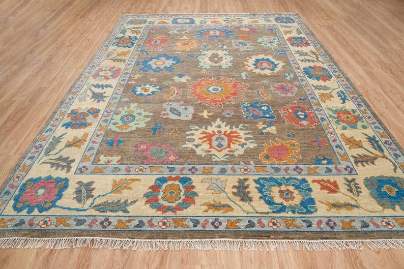 Premium Hand-Knotted Oushak Wool Rug - Vibrant Multi-Color Floral Turkish Carpet