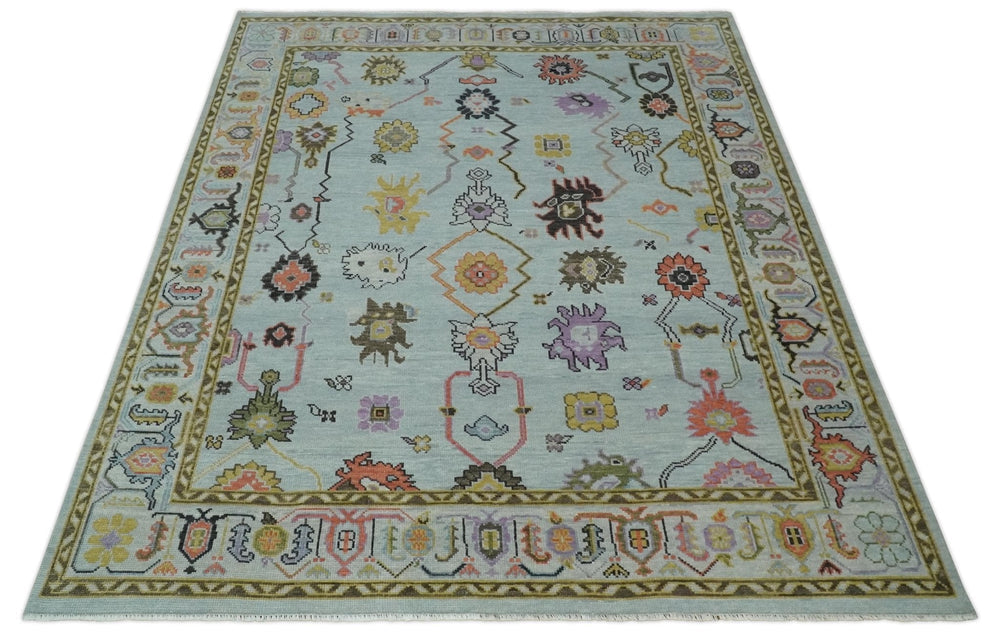 Premium Hand-Knotted Oushak Wool Rug - Serene Light Blue Pastel Floral Carpet