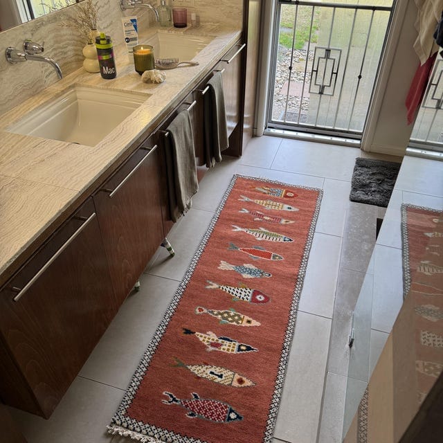Hand-Knotted Oushak Wool Fish Runner Rug – Rust Red Eclectic Coastal Corridor Carpet