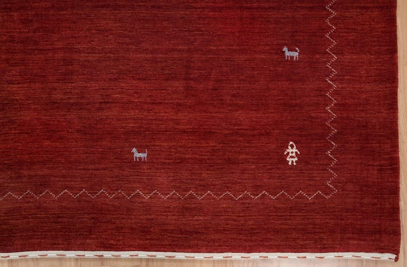 Premium Hand-Knotted Gabbeh Wool Rug - Minimalist Dark Red Maroon Geometric Carpet