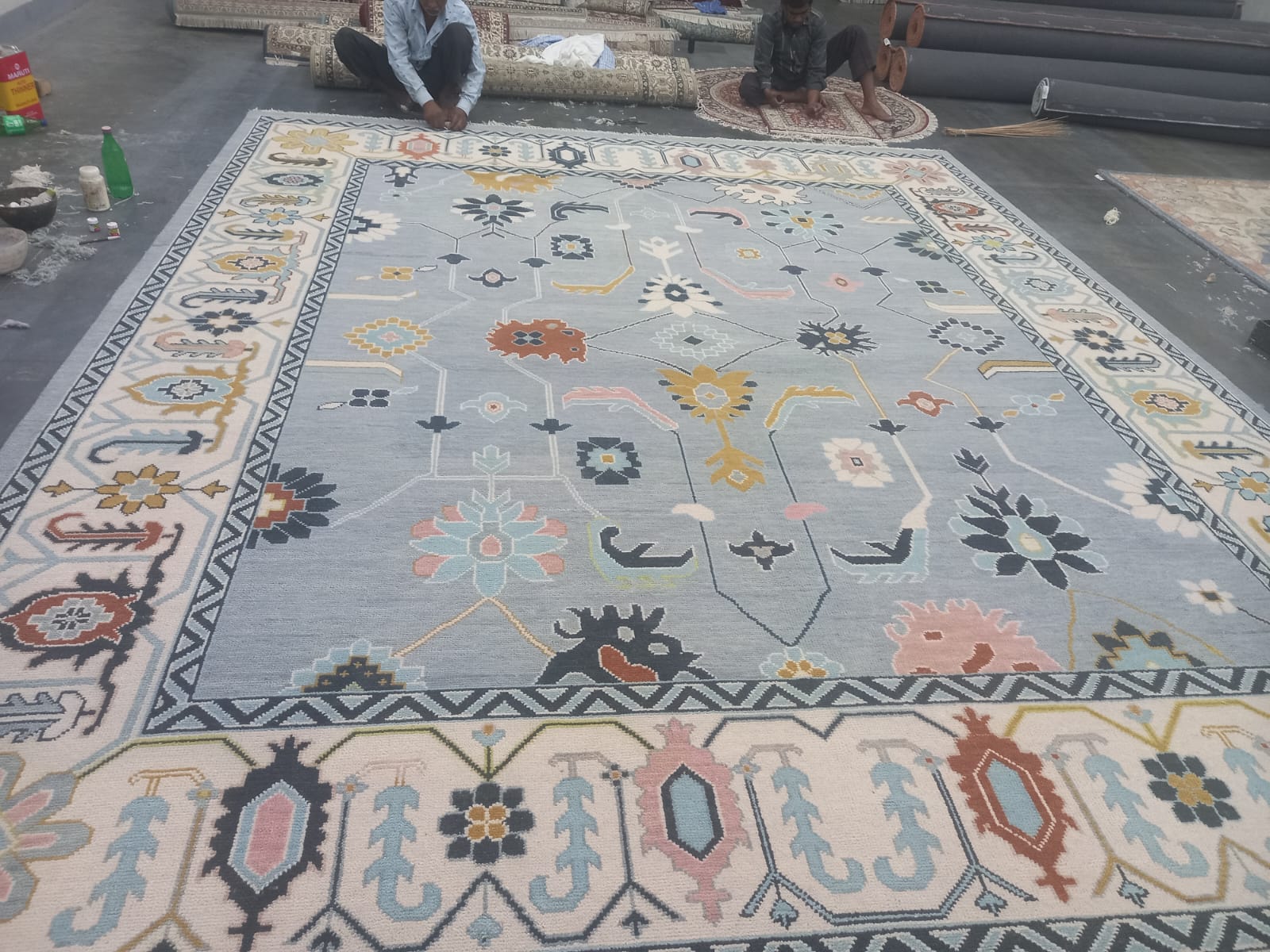 Premium Hand-Knotted Oushak Wool Rug - Slate Blue & Ivory Border Transitional Carpet - Custom Size Area Rug for Living Room, Bedroom & Dining Space
