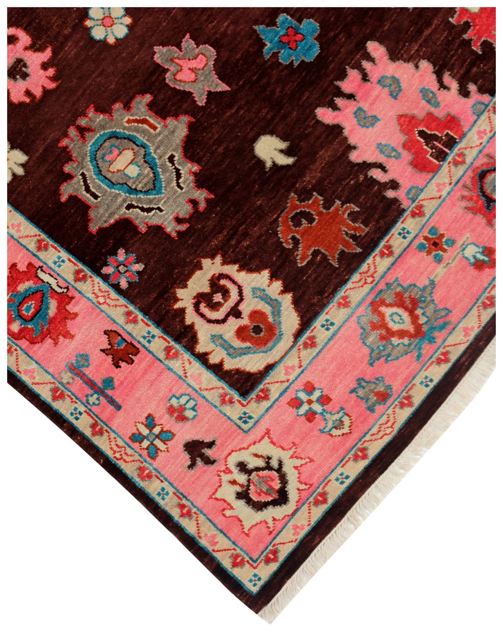 Premium Hand-Knotted Oushak Wool Rug - Dark Brown and Vibrant Pink Floral Carpet