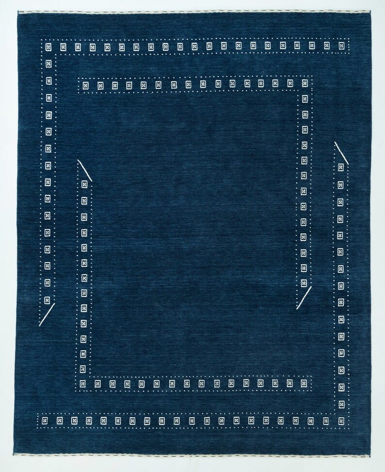 Premium Hand-Knotted Gabbeh Wool Rug - Minimalist Navy Indigo Blue Geometric Tribal Area Carpet - Custom Size Available