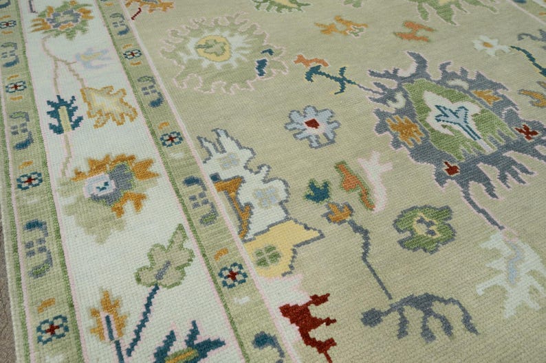 Premium Hand-Knotted Oushak Wool Rug - Muted Sage Green & Pale Yellow Pastel Turkish Carpet - Custom Size Area Rug for Living Room, Bedroom & Nursery