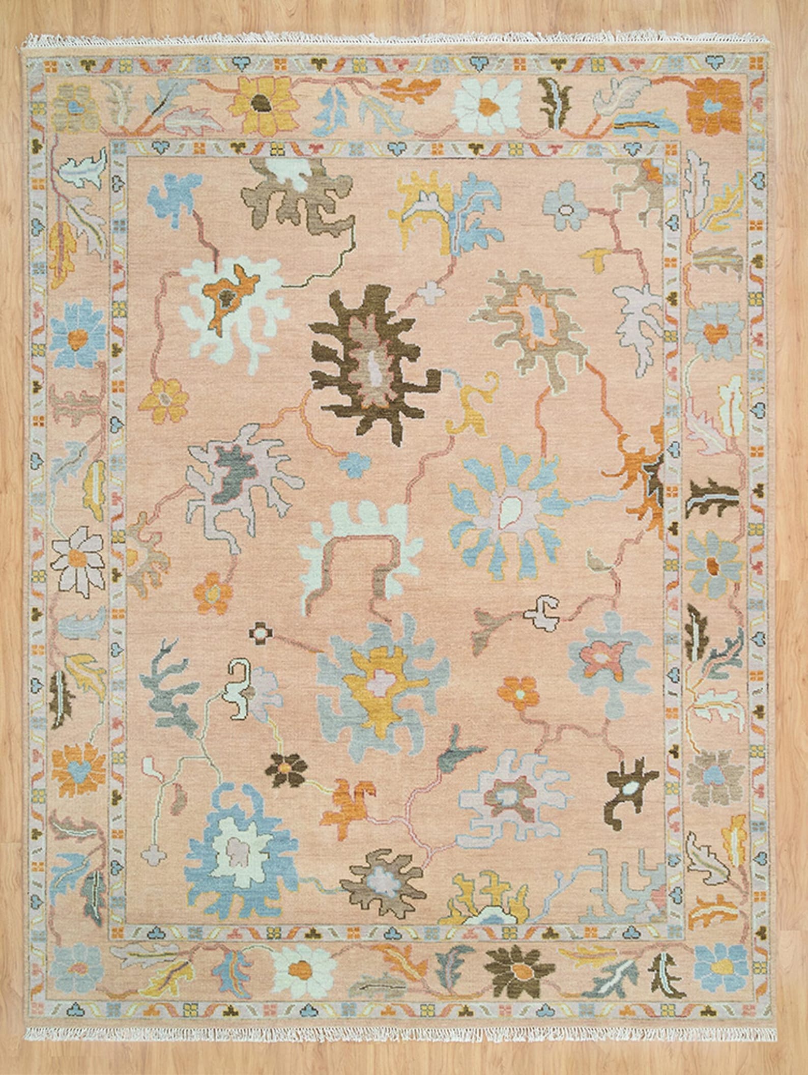 Premium Hand-Knotted Oushak Wool Rug - Muted Blush Pink & Apricot Peach Turkish Carpet - Custom Size Area Rug for Living Room, Bedroom & Nursery