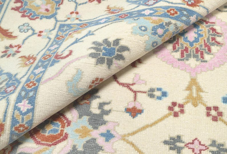 Premium Hand-Knotted Oushak Wool Rug - Elegant Ivory Cream Pastel Floral Carpet