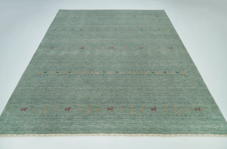Premium Hand-Knotted Oushak Wool Rug - Minimalist Sage Green Seafoam Textured Carpet