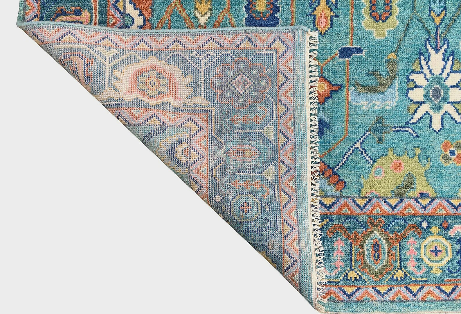 Premium Hand-Knotted Oushak Wool Rug - Vibrant Teal Blue & Terracotta Turkish Style Carpet - Custom Size Area Rug for Living Room, Bedroom & Dining Space