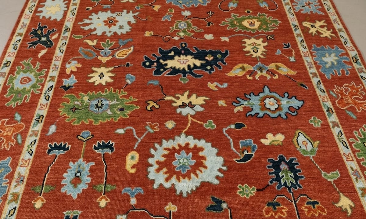 Premium Hand-Knotted Oushak Wool Rug - Rust Orange & Olive Green Traditional Carpet - Custom Size Area Rug for Living Room, Dining Room & Bed Space