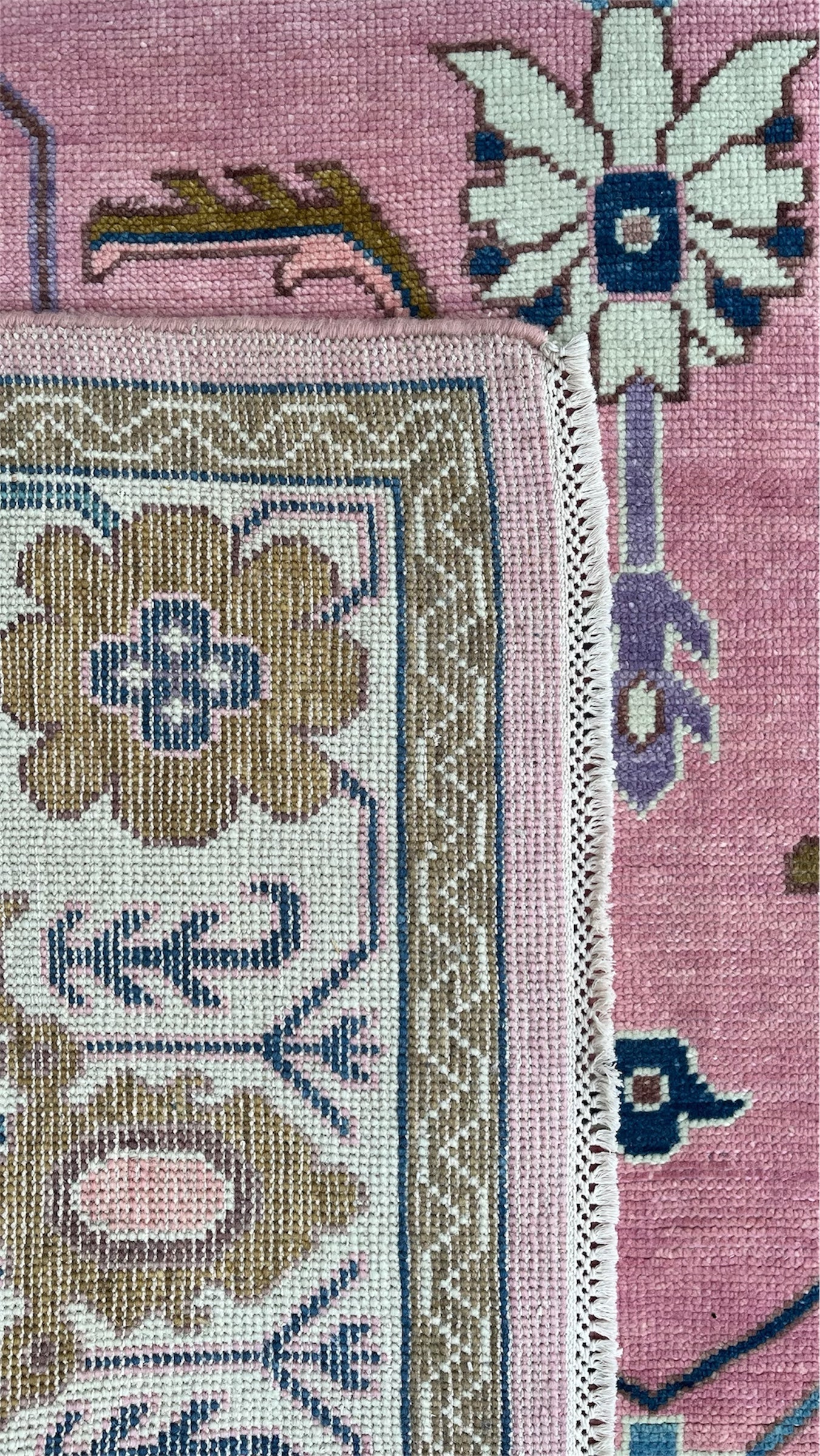 Premium Hand-Knotted Oushak Wool Rug - Soft Pink and Sage Green Floral Carpet