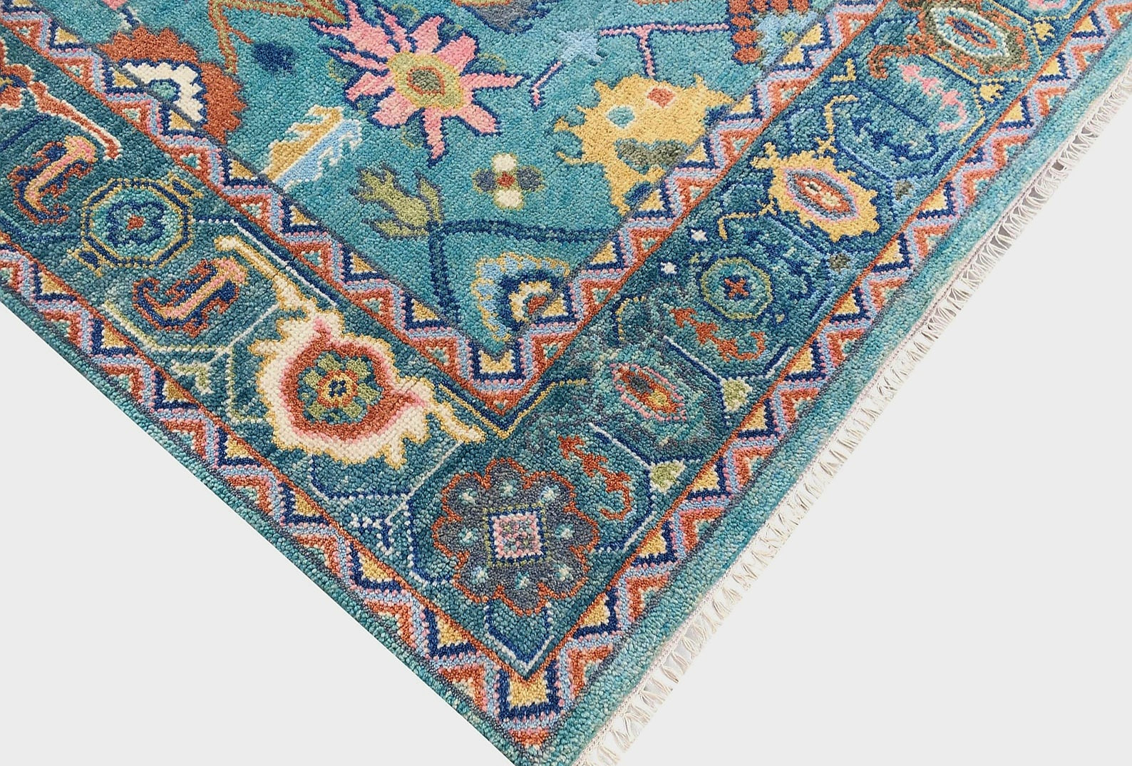Premium Hand-Knotted Oushak Wool Rug - Vibrant Teal Blue & Terracotta Turkish Style Carpet - Custom Size Area Rug for Living Room, Bedroom & Dining Space