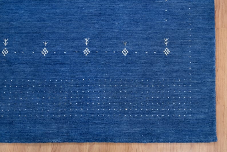 Premium Hand-Knotted Gabbeh Wool Rug - Minimalist Indigo Blue Organic Tribal Area Carpet - Custom Size Available